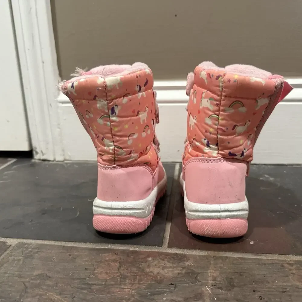 Merence Girls Size 24 Pink Unicorn Rainbow Mid-Calf Snow Boots Faux Fur Lined